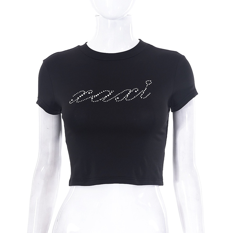 Áo Thun Ngắn Tay Cổ Tròn In Chữ Đính Đá Lấp Lánh Dễ Thương Cho Nữ