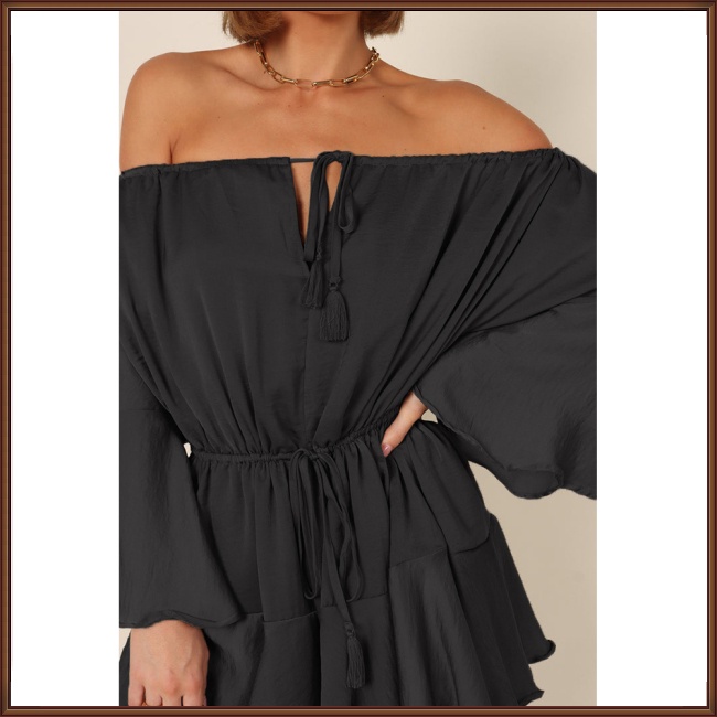 Bộ Áo Liền Quần Trễ Vai Eo Cao Tay Loe Phối Dây Rút Thời Trang Mùa Hè Cho Nữ