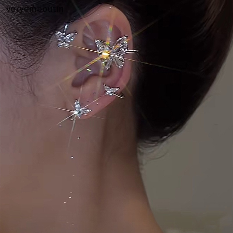 Khuyên Kẹp Vành Tai Không Cần Xỏ Lỗ Hình Bướm Màu Bạc Đính Đá Zircon Lấp Lánh Trang Sức Đám Cưới Dành Cho Bạn Nữ n