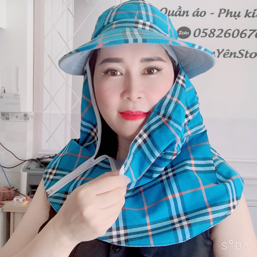 Mũ Nón Rộng Vành Kẻ Sọc kèm Khẩu Trang Chống Nắng Che Kín mặt, cổ Chống Tia UV Cực Tốt - Shop Kim Yến 5