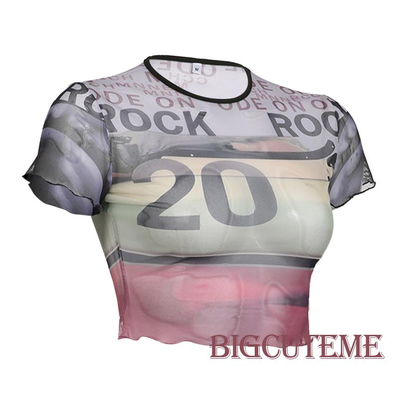 [] Áo Thun Lưới Ngắn Tay Xuyên Thấu Cổ Thuyền In Chữ Going Out Y2k Thời Trang Mùa Hè Cho Nữ