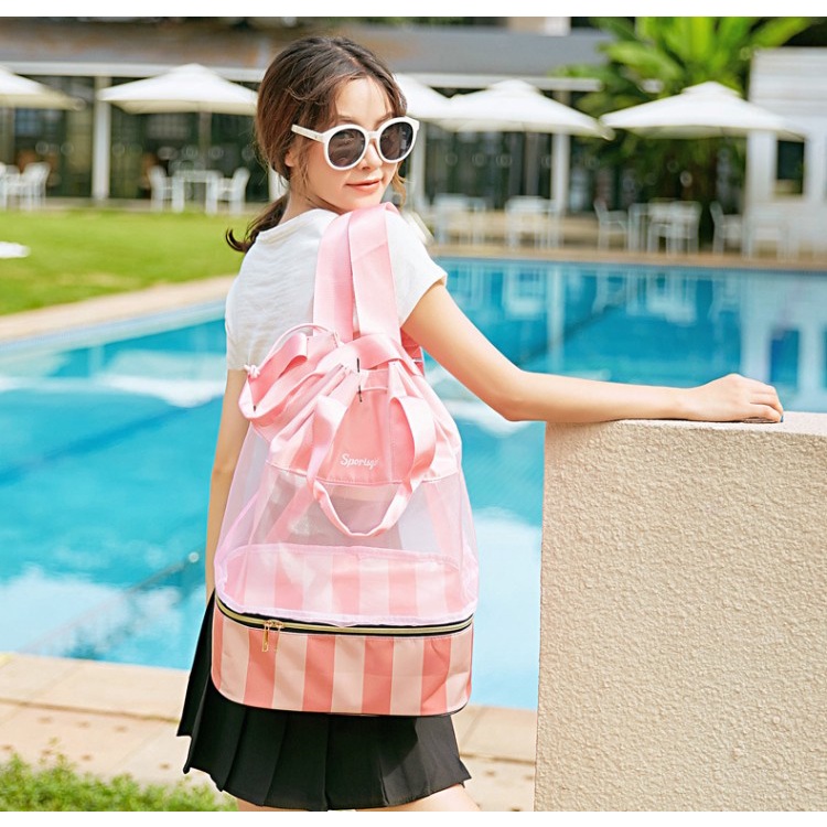 Túi Đựng Đồ Bơi Chống Thấm Nước Họa Tiết Kẻ Sọc Chia Ngăn Khô Ướt Tiện Dụng Cho Nữ