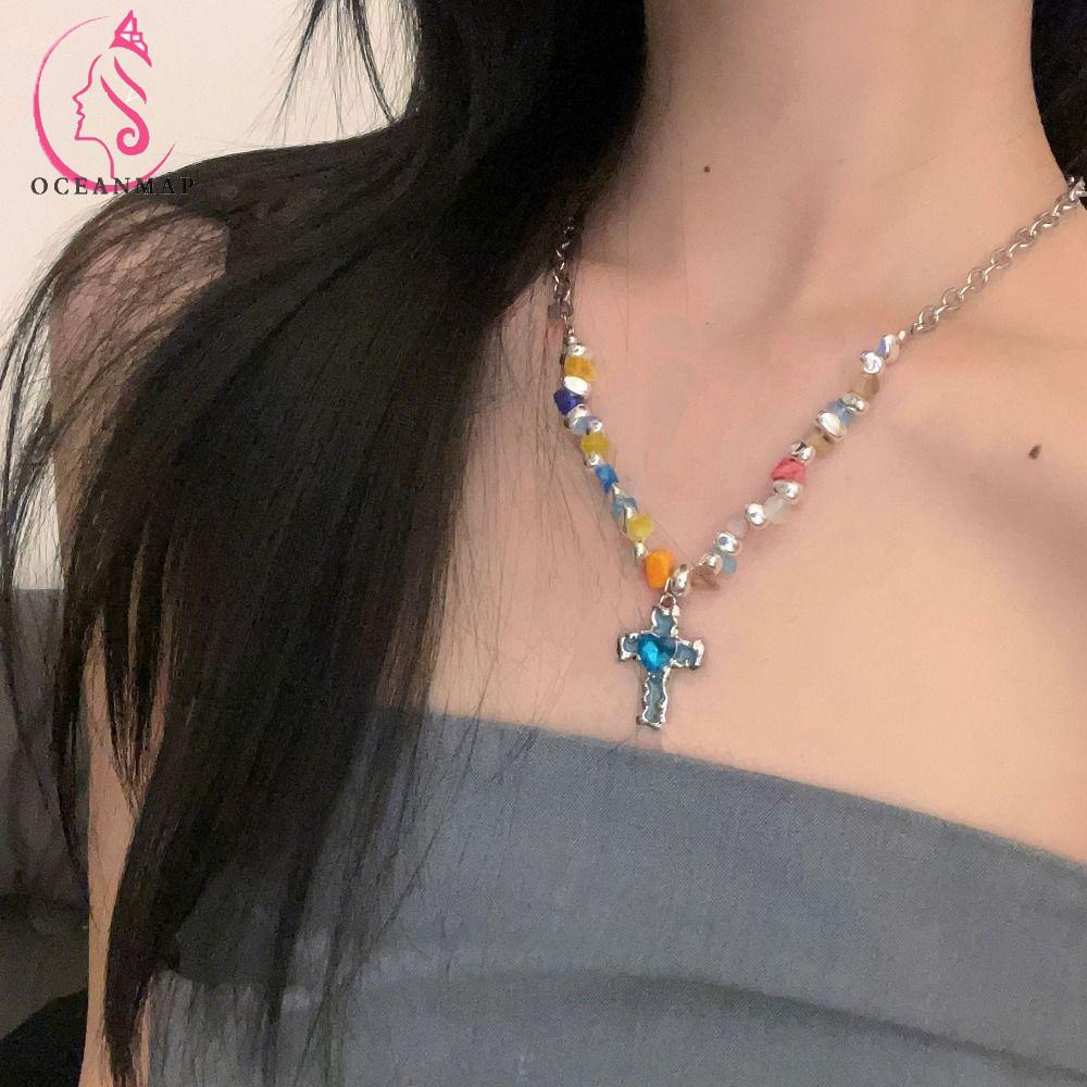 OCEANMAP Vòng cổ Mặt Chữ Thập Đính Hạt Màu Sắc Ngọt Ngào Phong Cách Hàn Quốc Y2K
