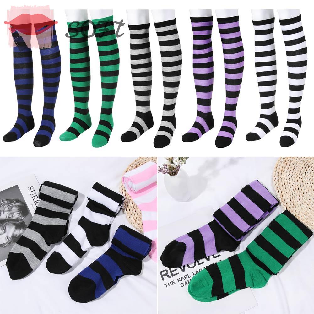 Vớ Cotton Dệt Kim Dài Qua Gối In Họa Tiết Kẻ Sọc Cho Nữ