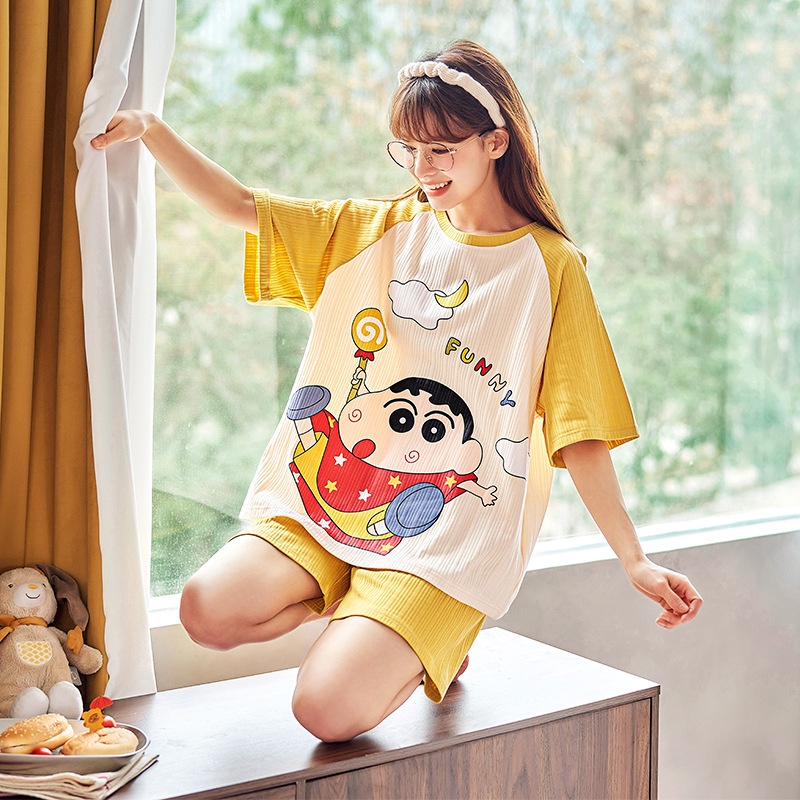 Bộ Đồ Mặc Ở Nhà Ngắn Tay Chất Liệu cotton in Hình Hoạt Hình Dành Cho Nữ