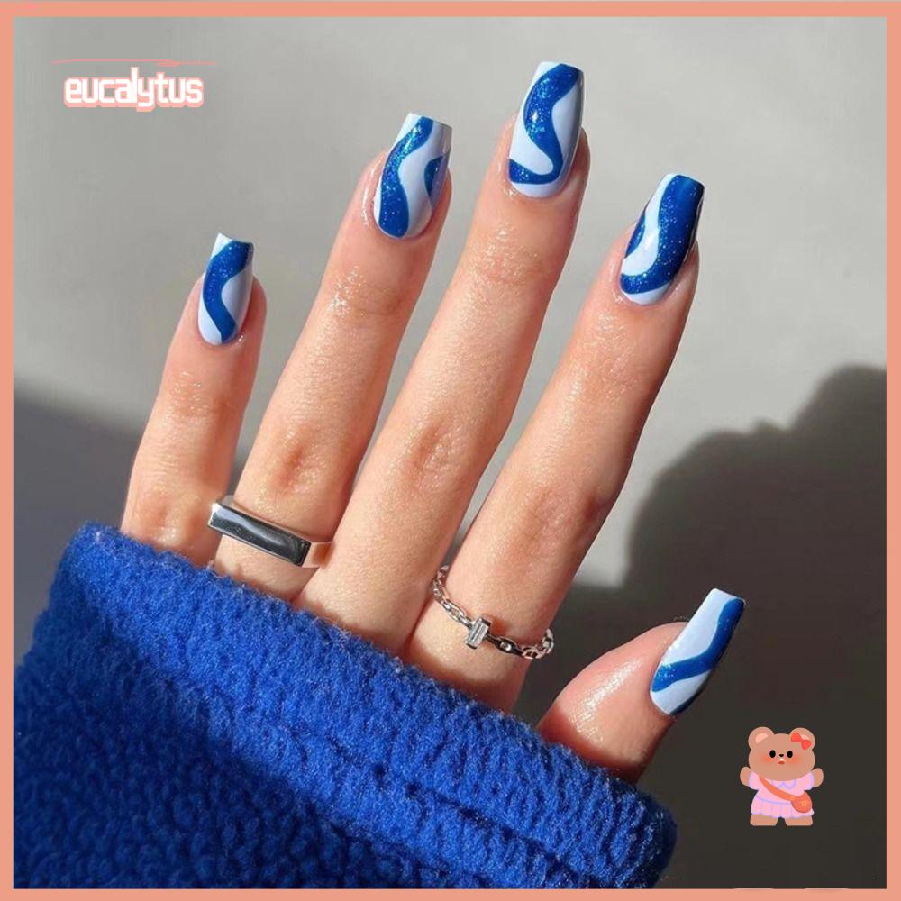Set 24 Móng Tay Giả Hình Ngôi Sao Gợn Sóng Màu Xanh Dương