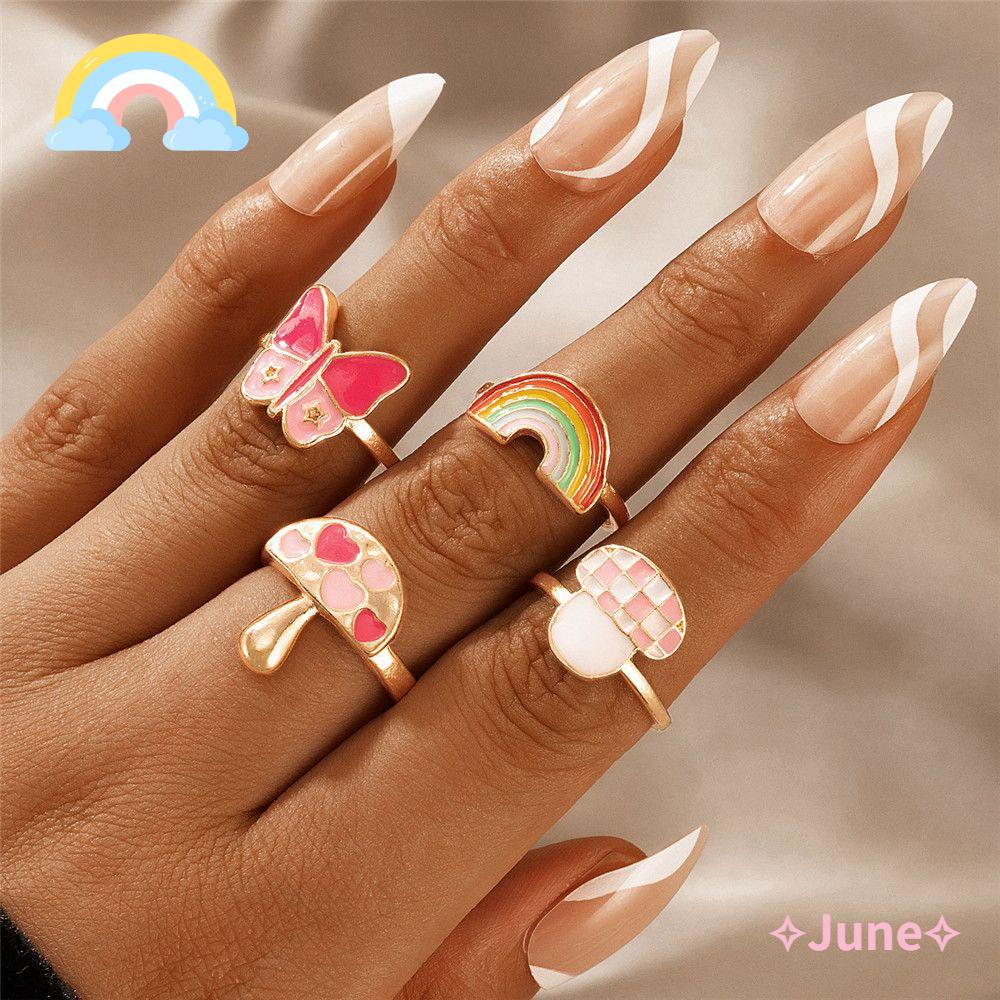 Bộ 4 Nhẫn Tráng Men Họa Tiết Bướm Tráng Men Phong Cách Cổ Điển