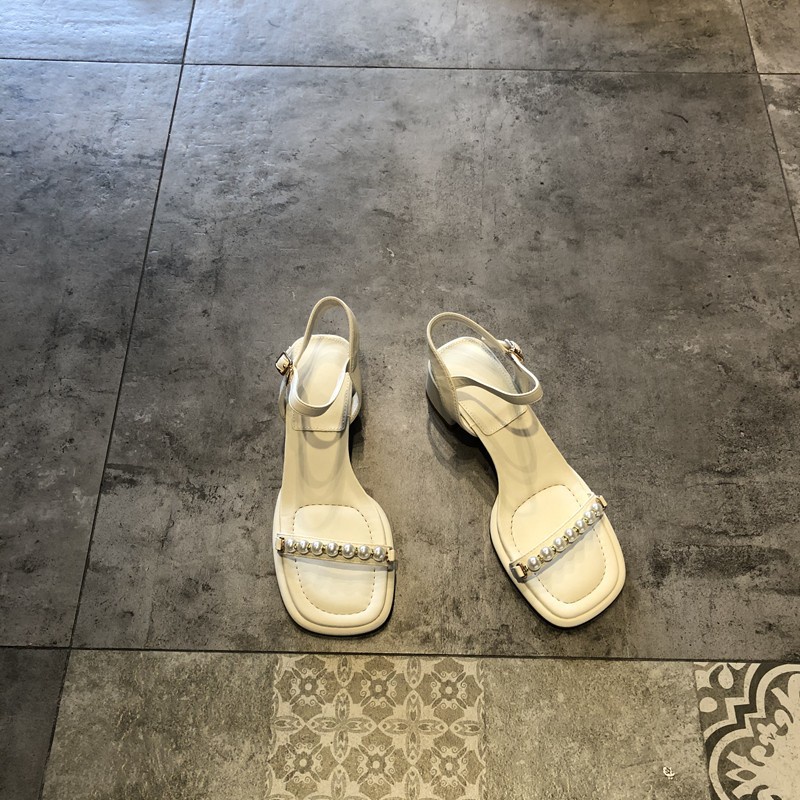 Duoya Tóc Thẳng ~ [Hàng Có Sẵn] Giày Sandal Hở Ngón Gót Dày Vừa Quai Đính Ngọc Trai Thời Trang Hàn Quốc Cho Nữ