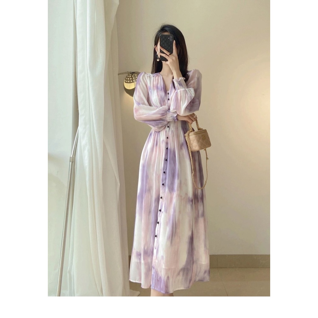 Đầm Chiffon Dài Tay Màu Nhuộm Ôm Eo Thời Trang Mùa Xuân Pháp Cho Nữ