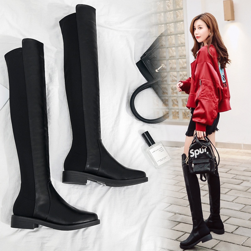 Giày Bốt Gót Dày Qua Gối Gót Thấp Co Giãn Thời Trang Thu Đông Cho Nữ