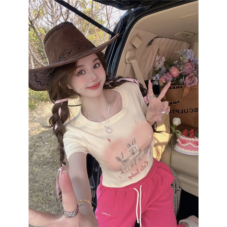 Áo Thun Tay Ngắn Hở Vai Màu Đen In Hình Thỏ Phong Cách Hàn Quốc Thời Trang Mùa Hè Cho Nữ