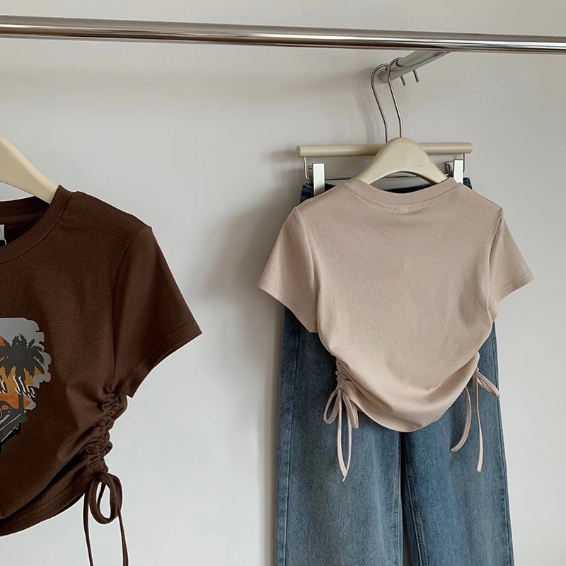 Áo Thun Tay Ngắn Phối Dây Rút In Họa Tiết Phong Cách Retro Mỹ Thời Trang Mùa Hè Cho Nữ
