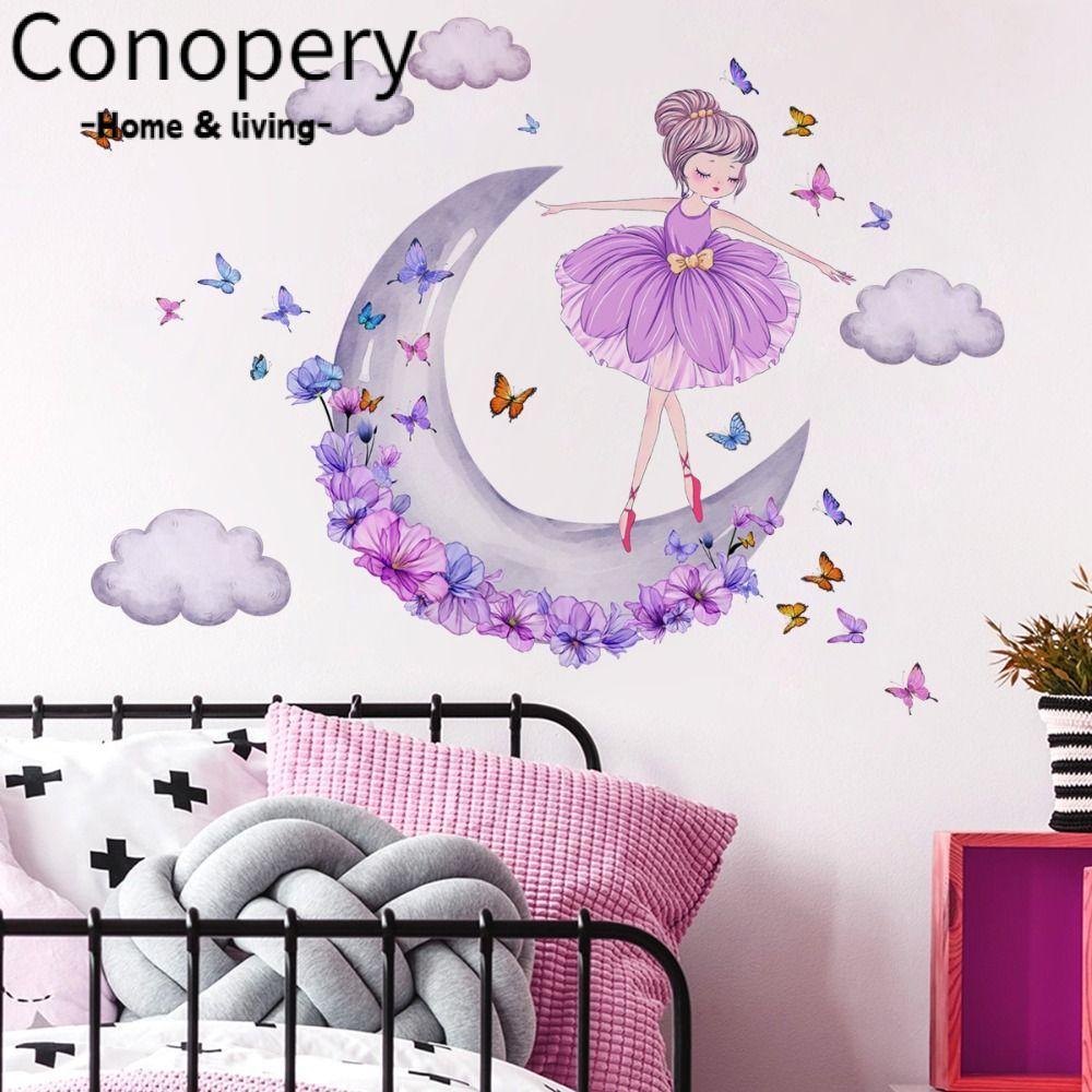 CONOPERY Đề Can Dán Tường Tự Dính Họa Tiết Công Chúa Và Hoa Bướm Sáng Tạo