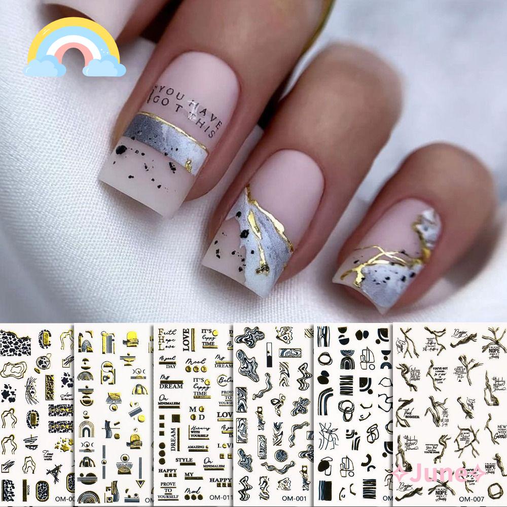 JUNE Bộ 12 Miếng Dán Trang Trí Móng Tay Tự Dính Họa Tiết Đá Hoa Cương Kiểu Retro