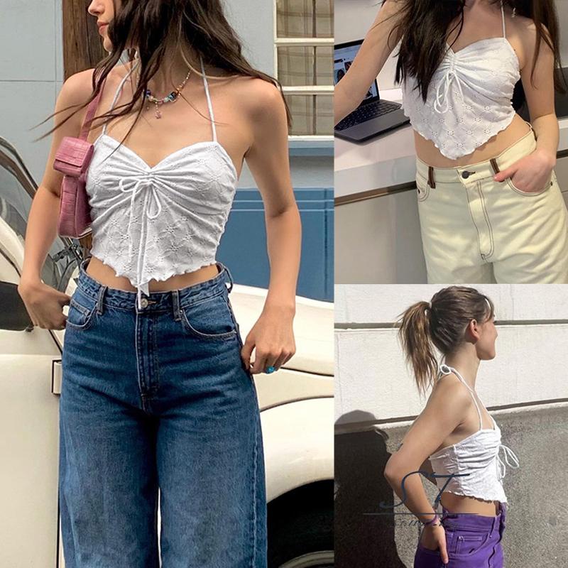Áo Crop Top Hai Dây CY03 Ôm Dáng Phối Dây Rút Phía Trước Gợi Cảm Cho Nữ