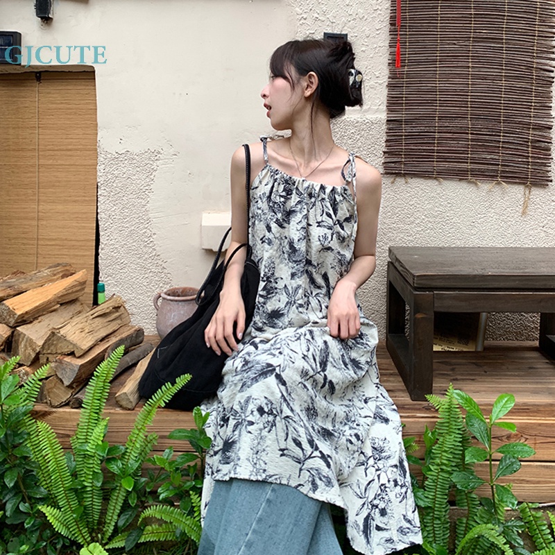 Đầm Hai Dây Dáng Rộng In Họa Tiết Vintage Hàn Quốc Thời Trang Mùa Hè Cho Bạn Gái