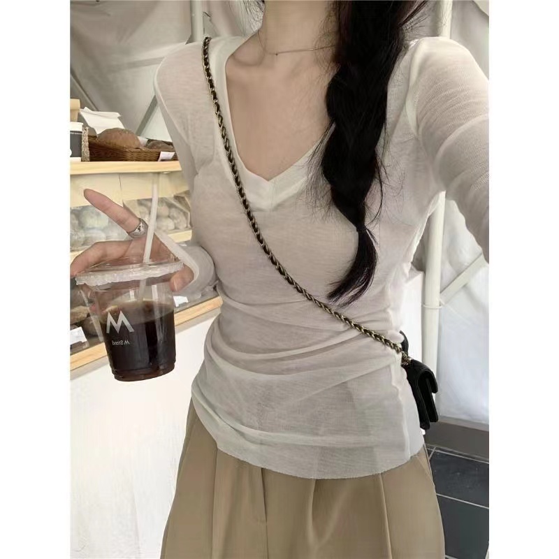 Áo Thun Tay Dài Cổ Chữ V Khoét Eo Dáng Ôm Thời Trang Mùa Hè Quyến Rũ Cho Nữ