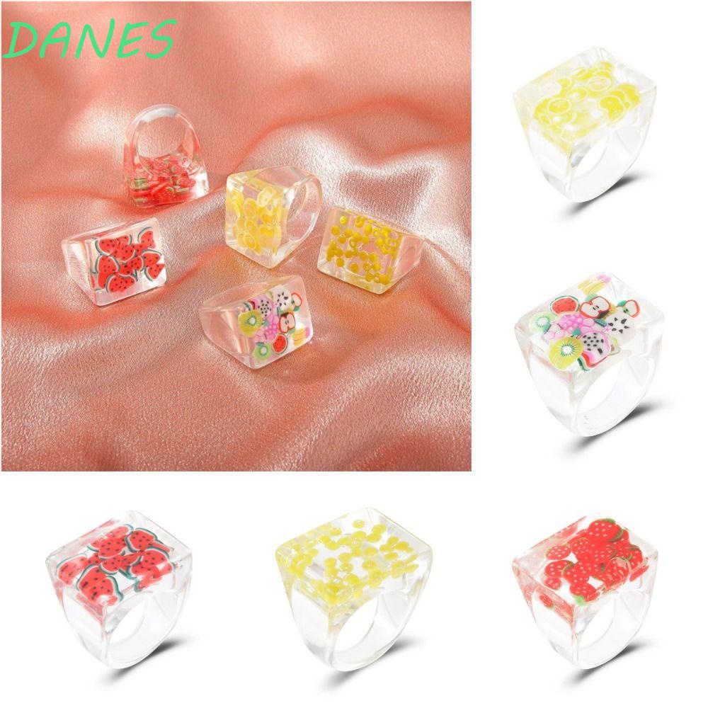 Nhẫn Nhựa Trong Suốt Hình Vuông 2cm Họa Tiết Trái Cây Dễ Thương