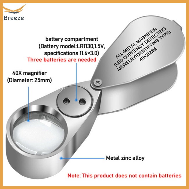 Kính Lúp Cầm Tay 40X25Mm Có Đèn Led Uv Chuyên Dụng