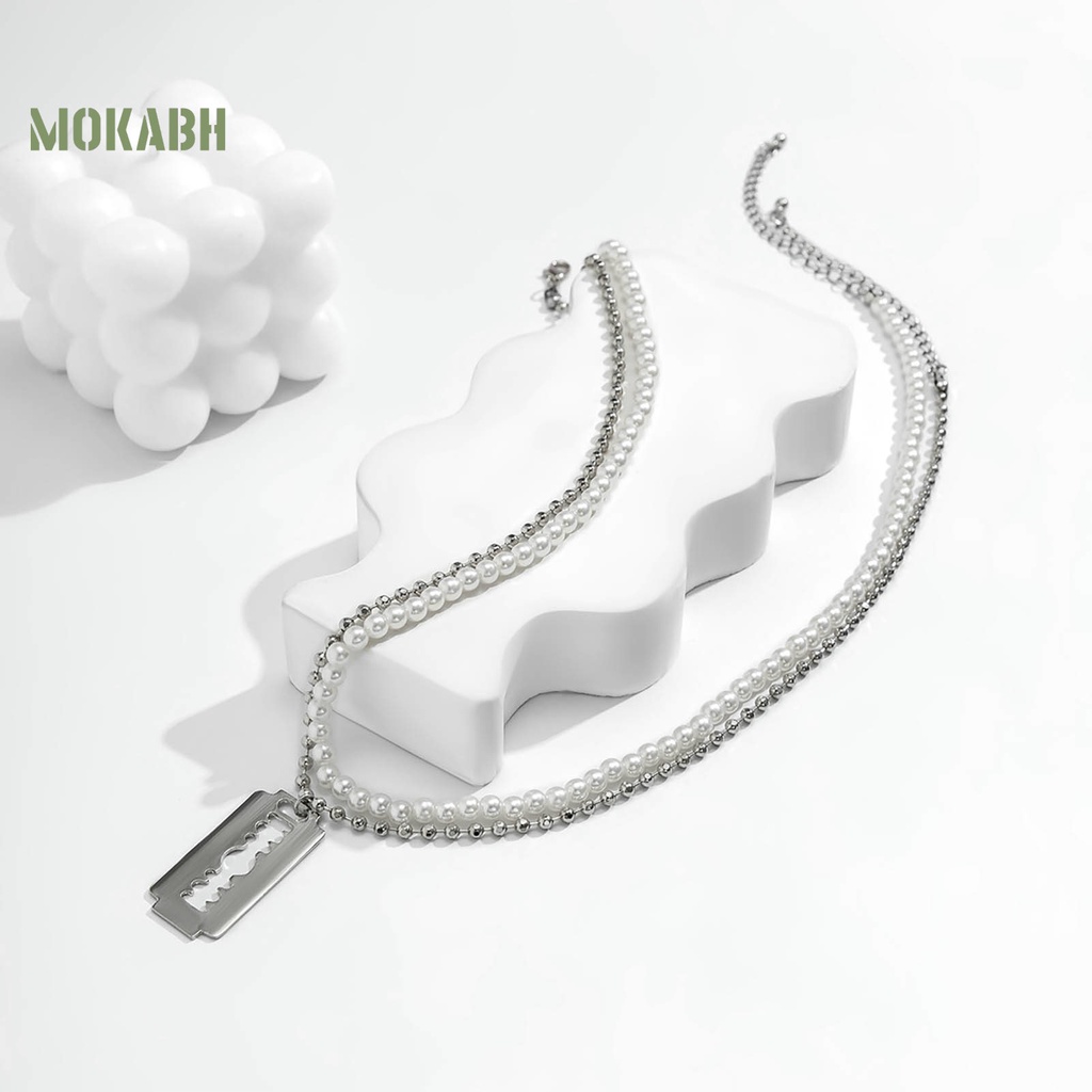 [Mok Abh] Vòng cổ Hai Lớp Đính Ngọc Trai Nhân Tạo Hình Học Có Thể Điều Chỉnh Thời Trang Dành Cho Nam