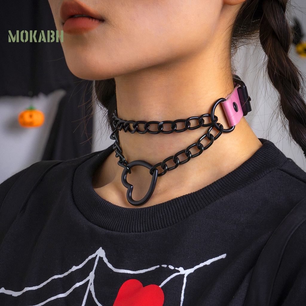 Vòng Cổ Choker Bằng Da Nhân Tạo Hai Lớp Hình Trái Tim Phong Cách Gothic Punk