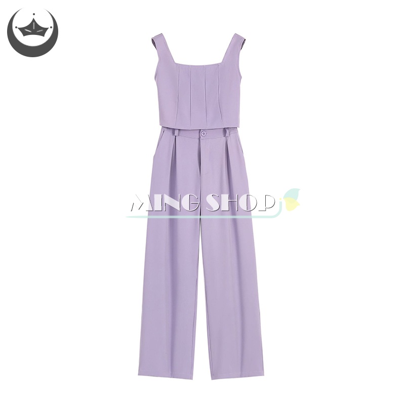 Set Áo Sát Nách Màu Tím + Quần Dài Ống Rộng Lưng Thun Phong Cách Hàn Quốc Cho Nữ