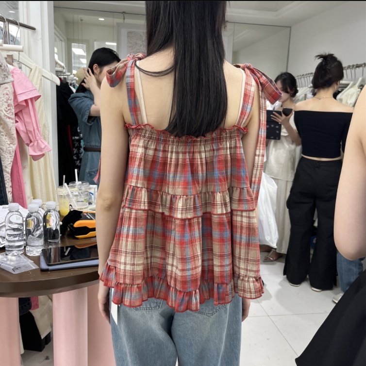 Newop Newopen2023 Áo Hai Dây Dáng Rộng Kẻ Sọc Caro Phong Cách Hàn Quốc Dễ Phối Đồ Thời Trang Mùa Hè Mới