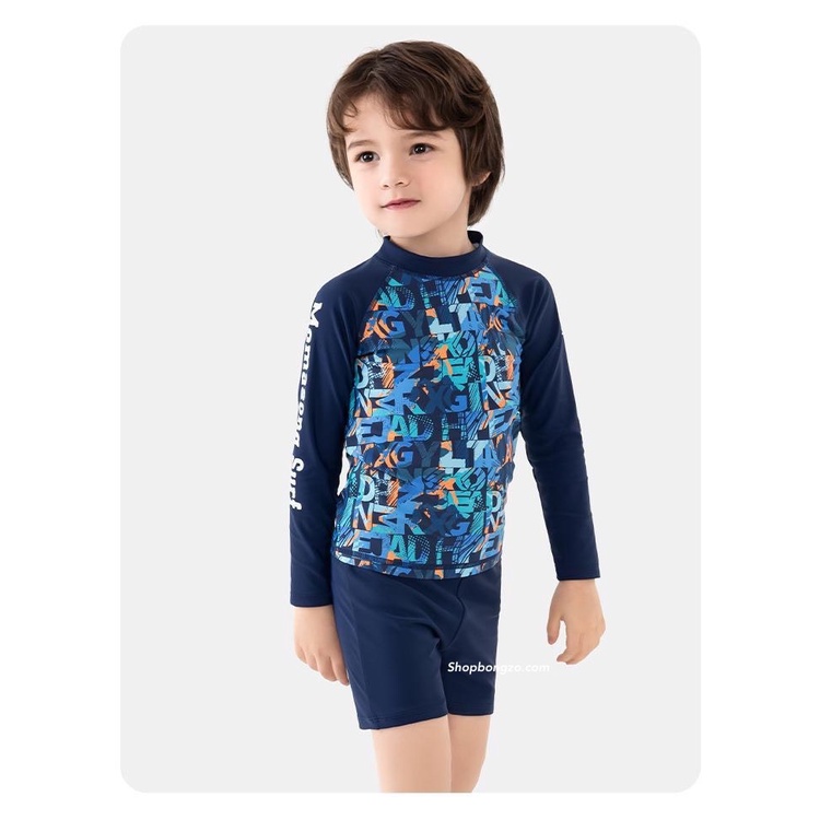 Bộ bơi bé trai dài tay, xanh đen hoạ tiết chữ, Momasong