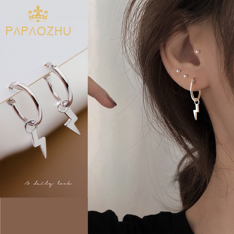 Bông Tai Mạ Bạc 925 Hình Sấm Sét Phong Cách Hàn Quốc