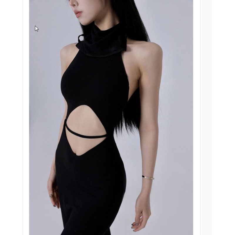 Váy Dài Ôm Eo Hở Rốn Màu Đen Trơn Mỏng Vừa Vặn Có Sẵn]