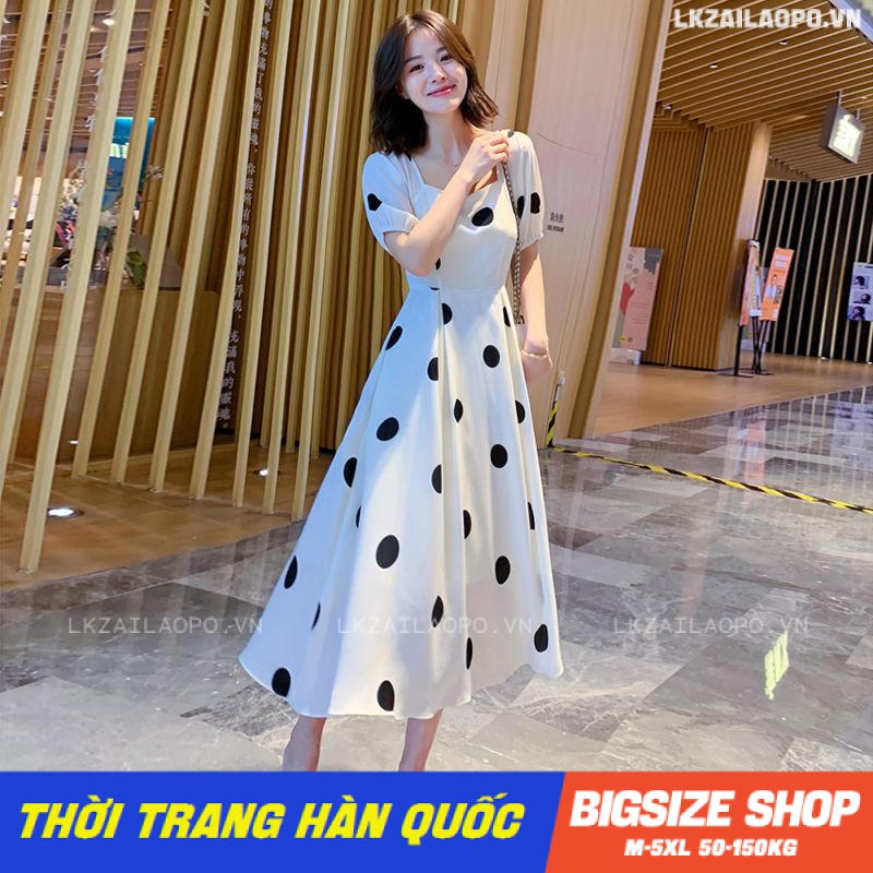Váy đầm nữ Bigsize Đầm dự tiệc sang trọng dáng dài tay ngắn cổ vuông chấm bi mùa hè Phong cách Hàn Quốc Thời Trang đẹp