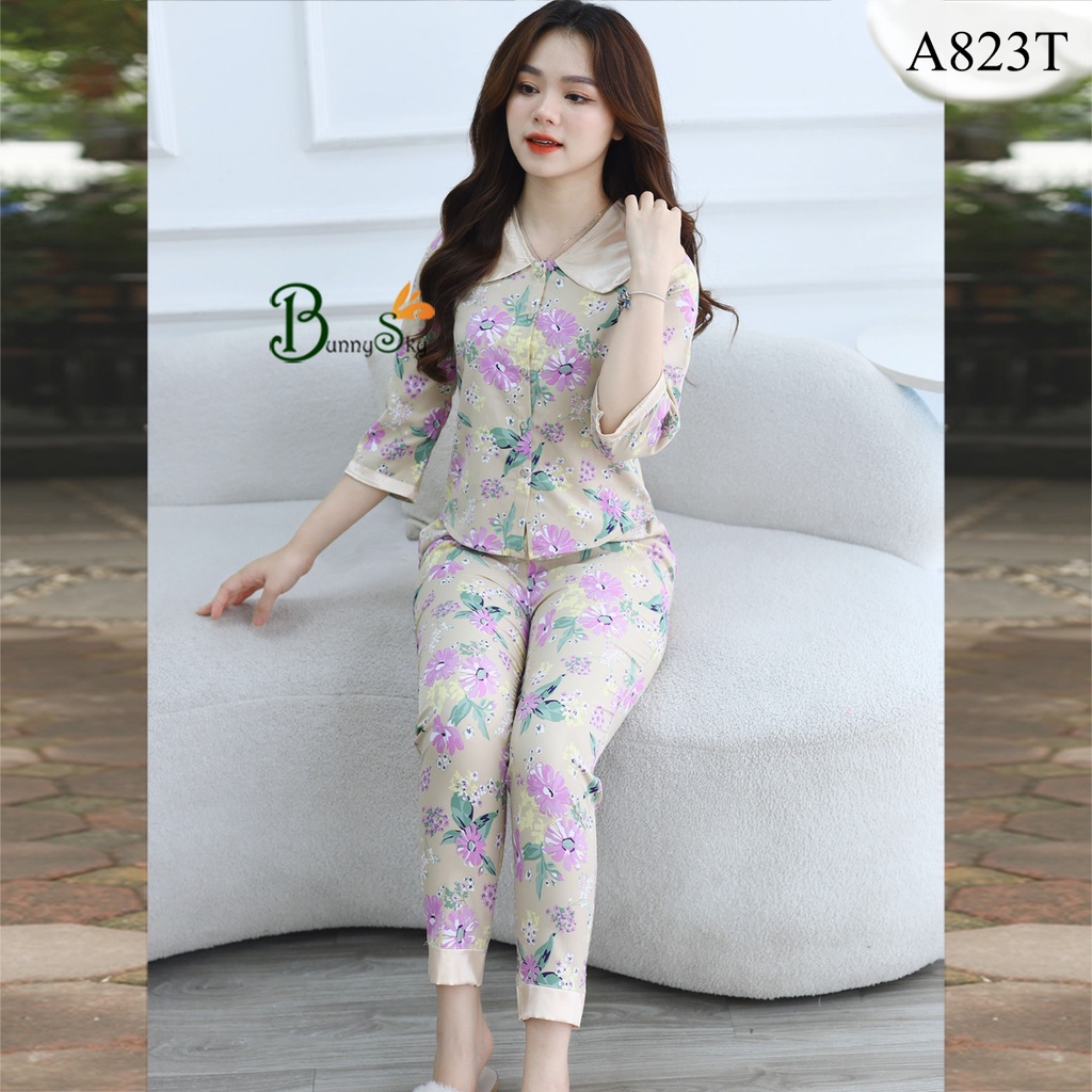 (Bunnysky) Đồ bộ mặc nhà nữ, quần áo mẫu tay lỡ quần dài, họa tiết hoa lá, cổ phối bản to