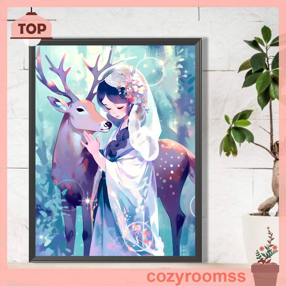 Tranh Đính Đá Kim Cương Toàn Bộ 5D DIY Hình Vẽ Cô Gái Hươu