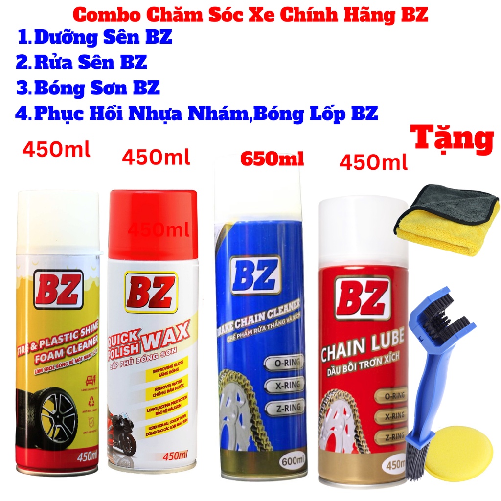 Combo Chăm Sóc Xe BZ Dưỡng Sên,Bóng Sơn,Phục Hồi Nhựa Nhám,Bóng Lốp Kèm Quà