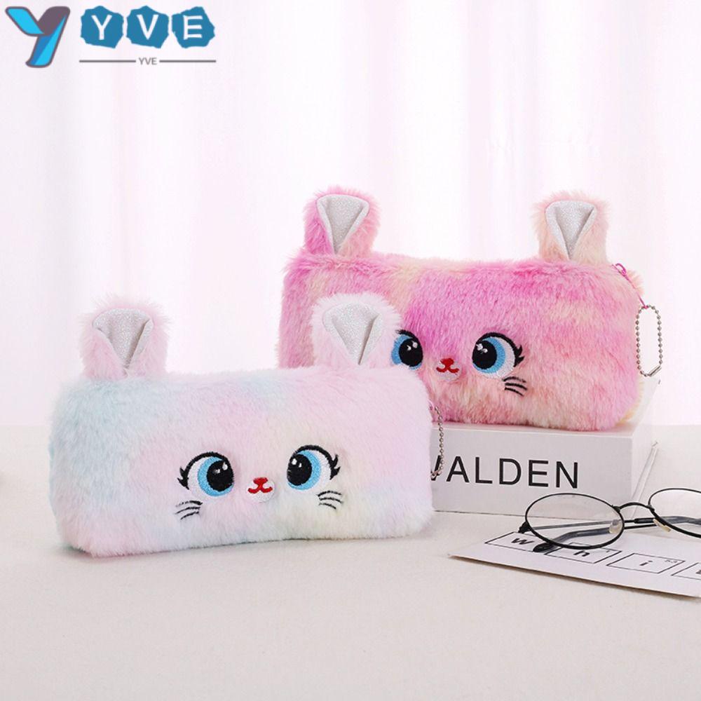 YVE Túi Đựng Bút Hình Mèo Lông Nhuộm Màu Vui Nhộn Ốp