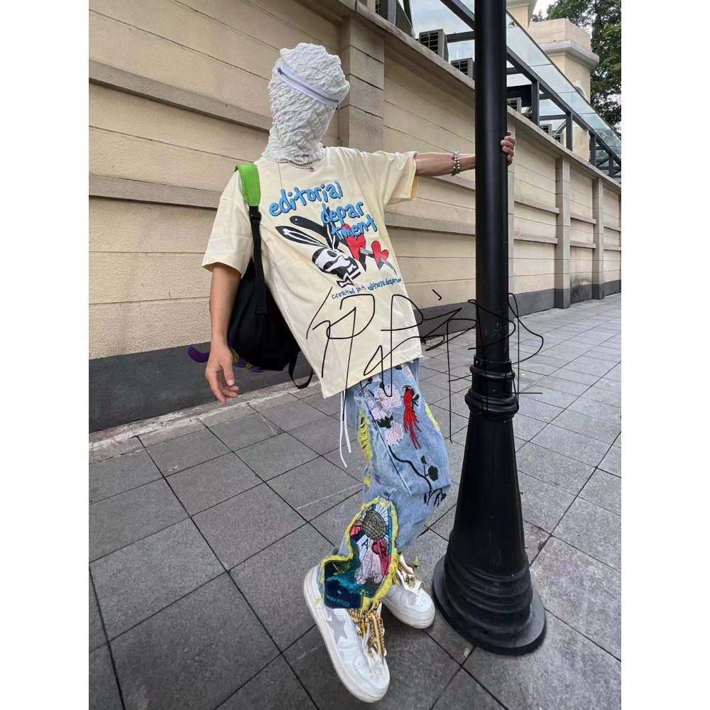 Quần Jean Dài Rách Thêu Họa Tiết Phong Cách Đường Phố Mỹ Thời Trang 2023 Mới Cho Nam Và Nữ