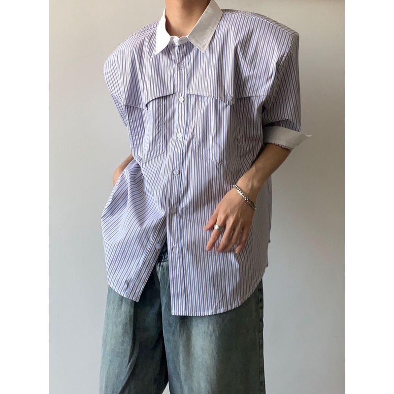 Áo Sơ Mi Tay Lửng Dáng Rộng Họa Tiết Kẻ Sọc Phong Cách Retro Nhật Bản Dành Cho Nam