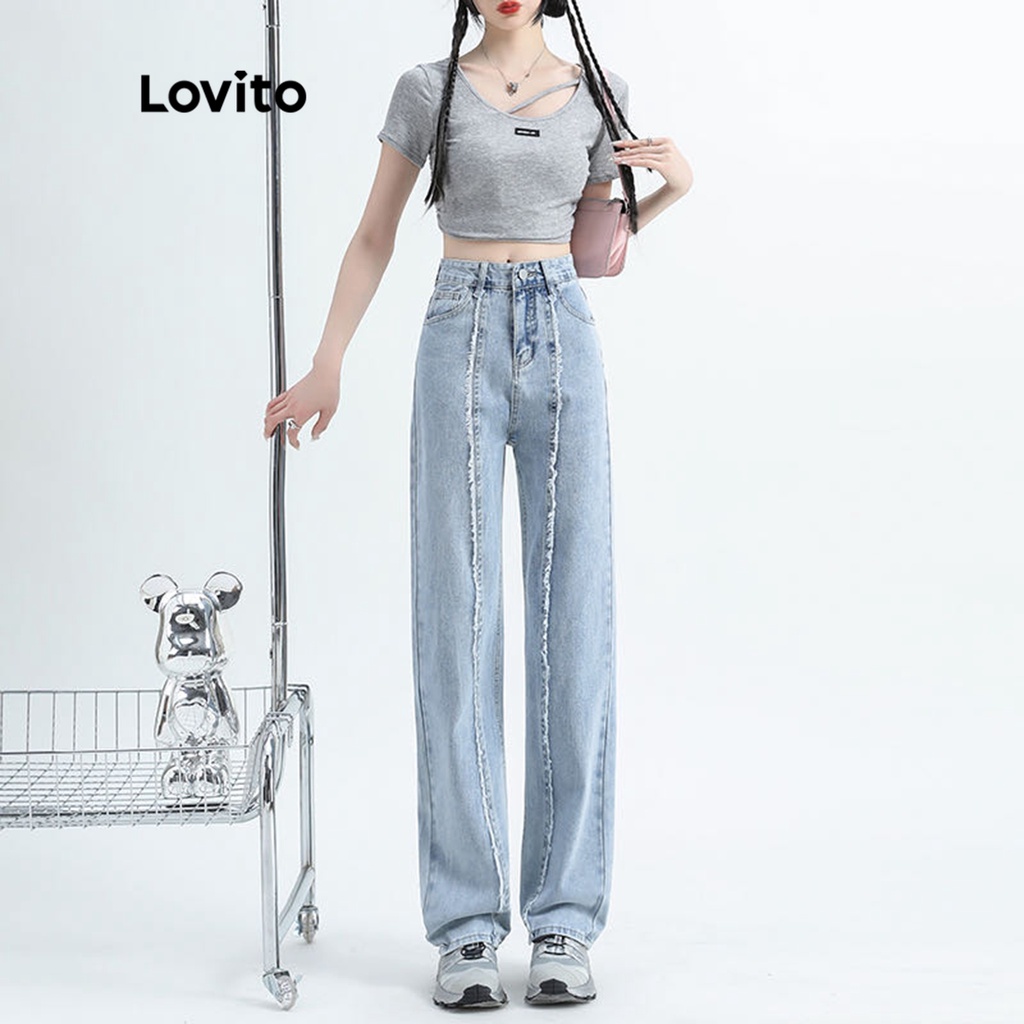 Lovito Quần jean cạp chun trơn màu trơn thường ngày cho nữ LNA09144 (Xanh nhạt)