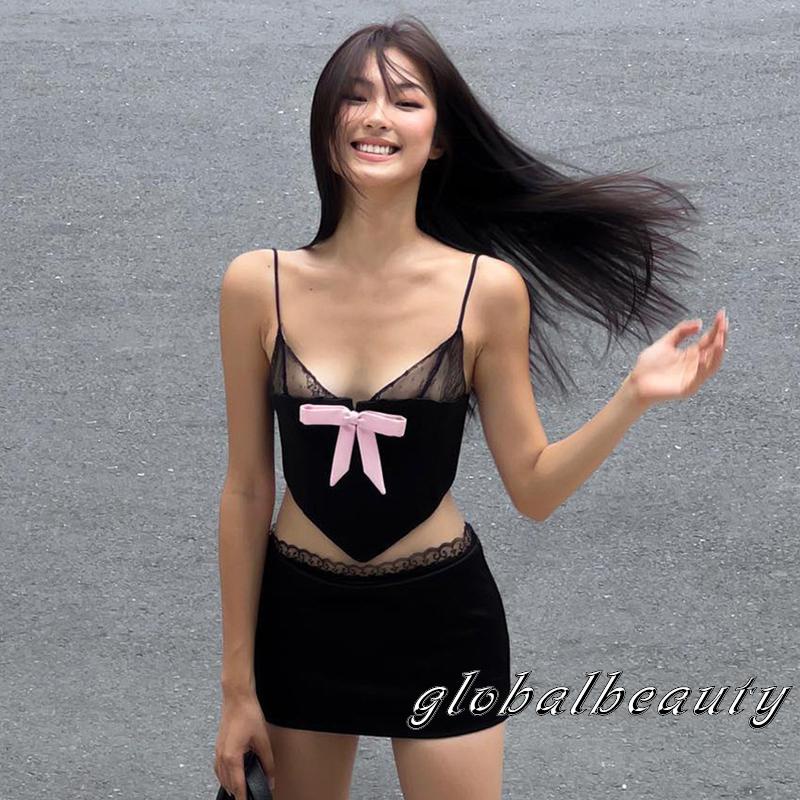 Áo Croptop Lưới Hai Dây In Họa Tiết Hoa Tương Phản Thắt Nơ Cho Nữ