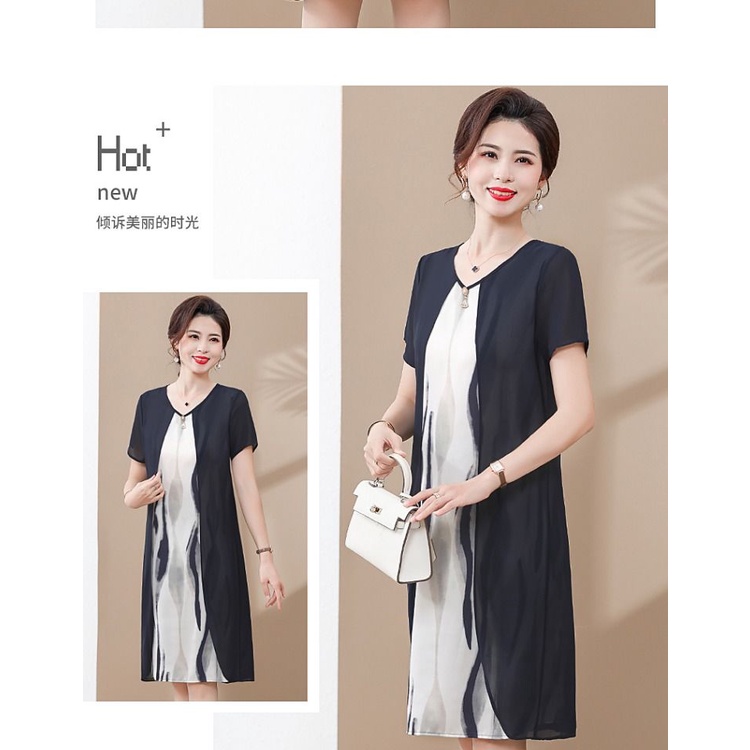 Đầm Ngắn Qua Gối Giả Hai Lớp Phong Cách Mới Dành Cho Phụ Nữ Trung Niên