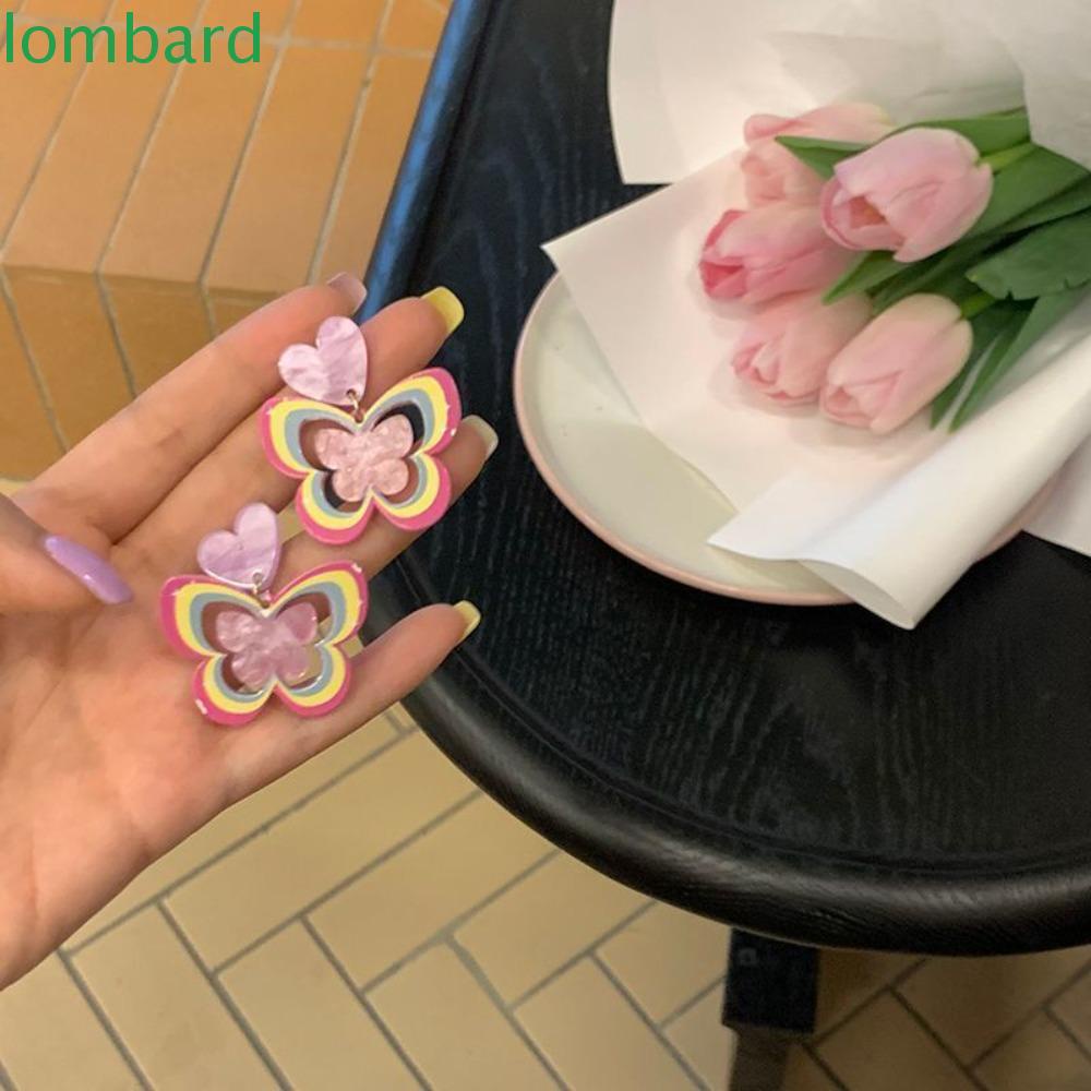 Bông Tai Hình Bướm / Trái Tim Màu Cầu Vồng Bằng Hợp Kim Acrylic Thời Trang Mùa Hè Xinh Xắn