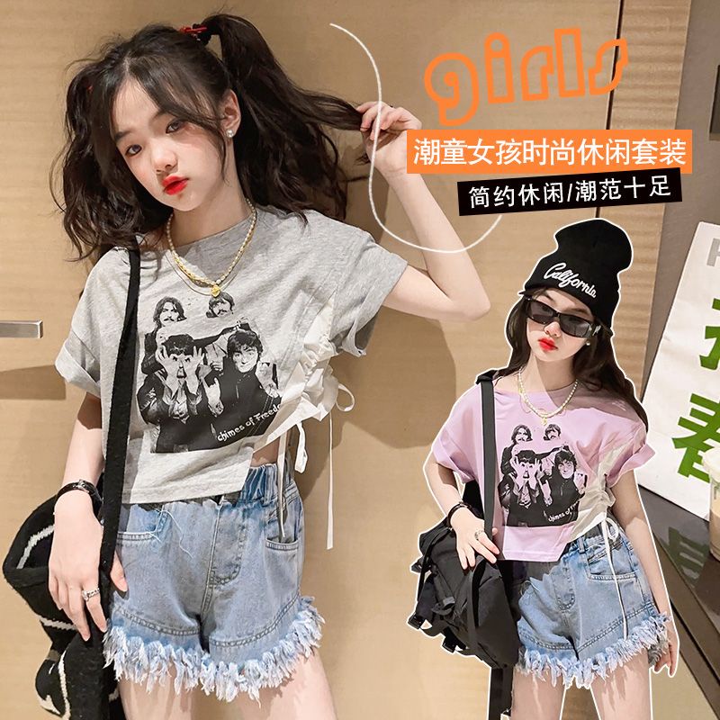 Bộ đồ thời trang mùa hè cho bé gái 2023 new t-shirt + quần short denim cắt xén 4-6-9-13 tuổi quần áo trẻ em