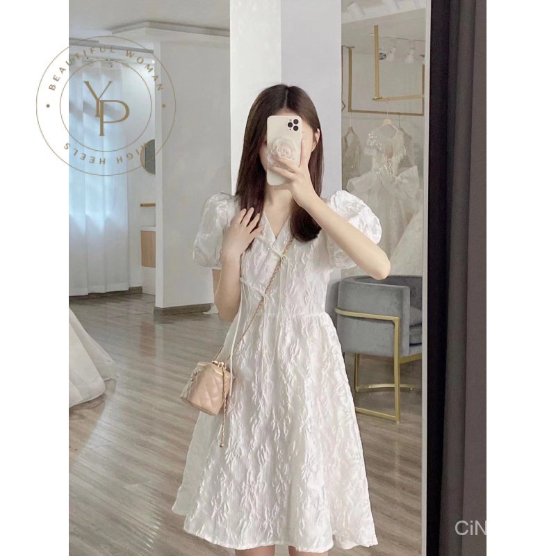 Đầm Tay Phồng Cổ Chữ v Màu Trắng Thời Trang Mùa Hè Pháp Cao Cấp Cho Nữ