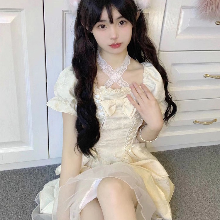 Đầm Công Chúa Mori Dáng Ngắn Tay Phồng Đính Nơ Kiểu Pháp Dễ Thương