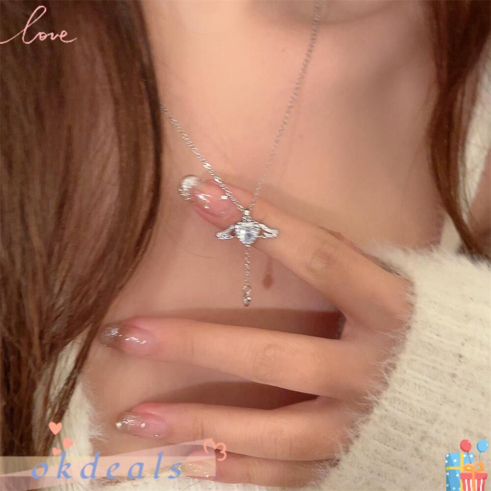 Vòng cổ Mặt Hình Đôi Cánh Thiên Thần Đính Pha Lê Màu Trắng / Hồng Y2KDây Chuyền Thời Trang Xinh Xắn Cho Nữ