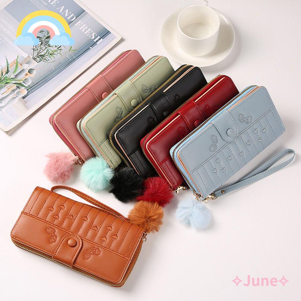 JUNE Ốp Điện Thoại Kiêm Ví Dài Đựng Thẻ Bằng Da Có Khóa Kéo Cho Nữ