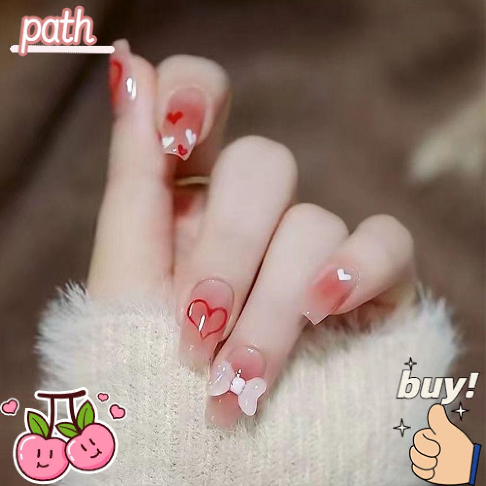 PATH Bộ 24 Móng Tay Giả Hình Trái Tim Đính Nơ Xinh Xắn