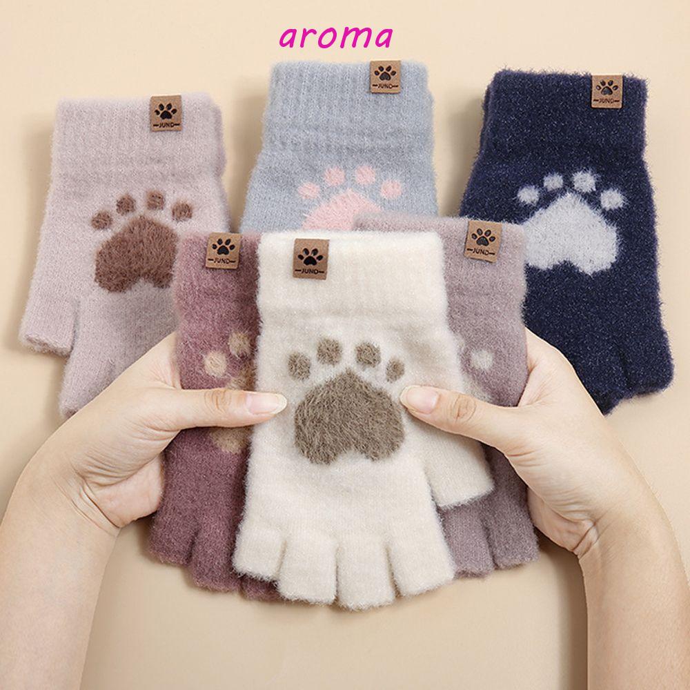 AROMA Găng Tay Hở Ngón Mềm Mại Dày Dặn Chống Gió Hình Dấu Chân Mèo Cho Nữ