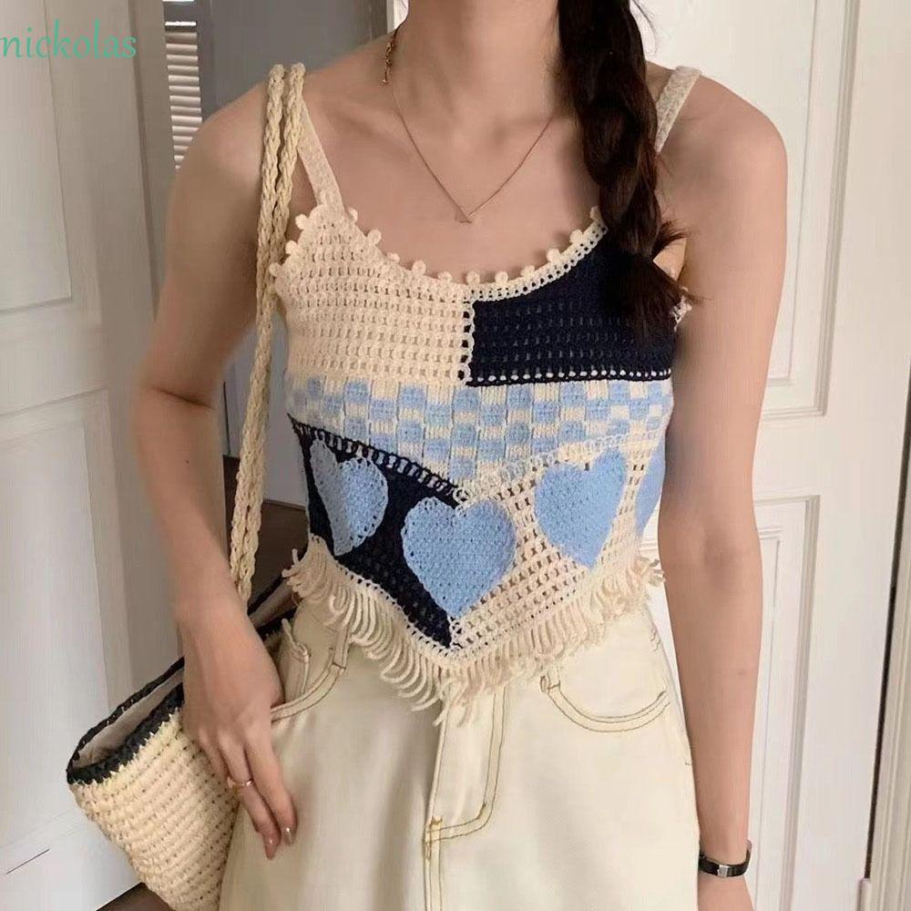 NICKOLAS Áo Croptop Dệt Kim Không Tay Cổ Tròn Họa Tiết Trái Tim Khoét Rỗng Phong Cách Harajuku Cổ Điển