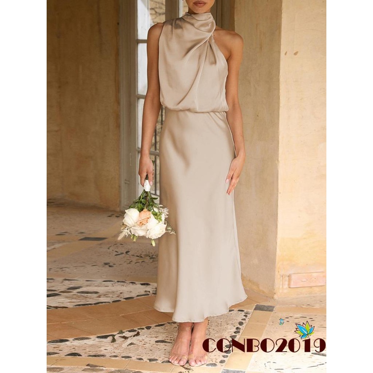 Đầm Dài Không Tay Cổ Lọ Chất Liệu Satin Màu Trơn Thanh Lịch Cho Nữ